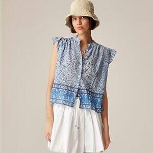 NWT J Crew Flutter Sleeve Bandana Print Blue White Blouse Large